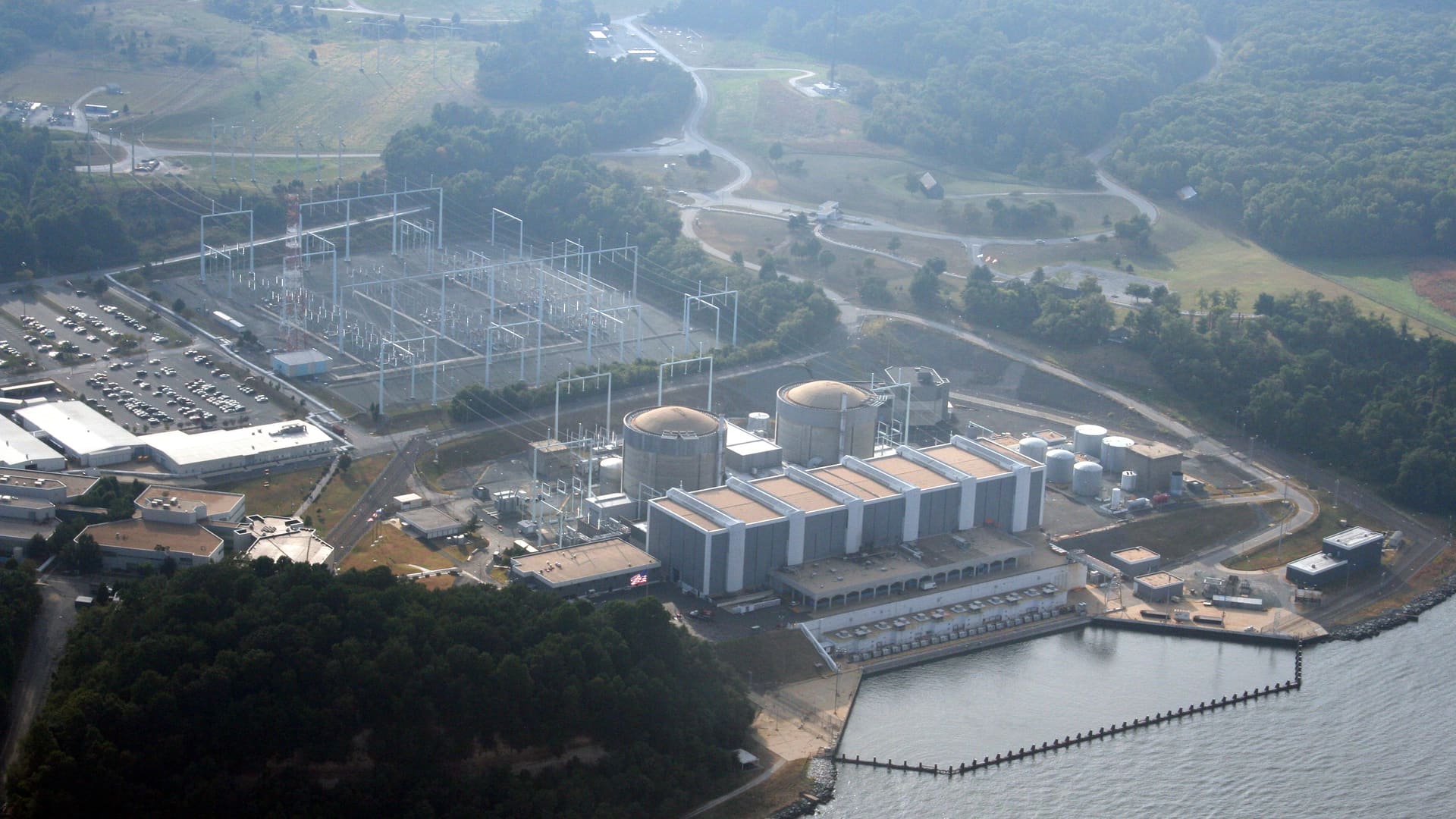 Aerial view of Calvert Cliffs Nuclear Power Plant with cooling towers, Calvert County, Maryland