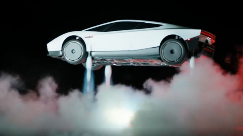 The white new Tesla Roadster hovering above the ground on jets of air, with smoke underneath