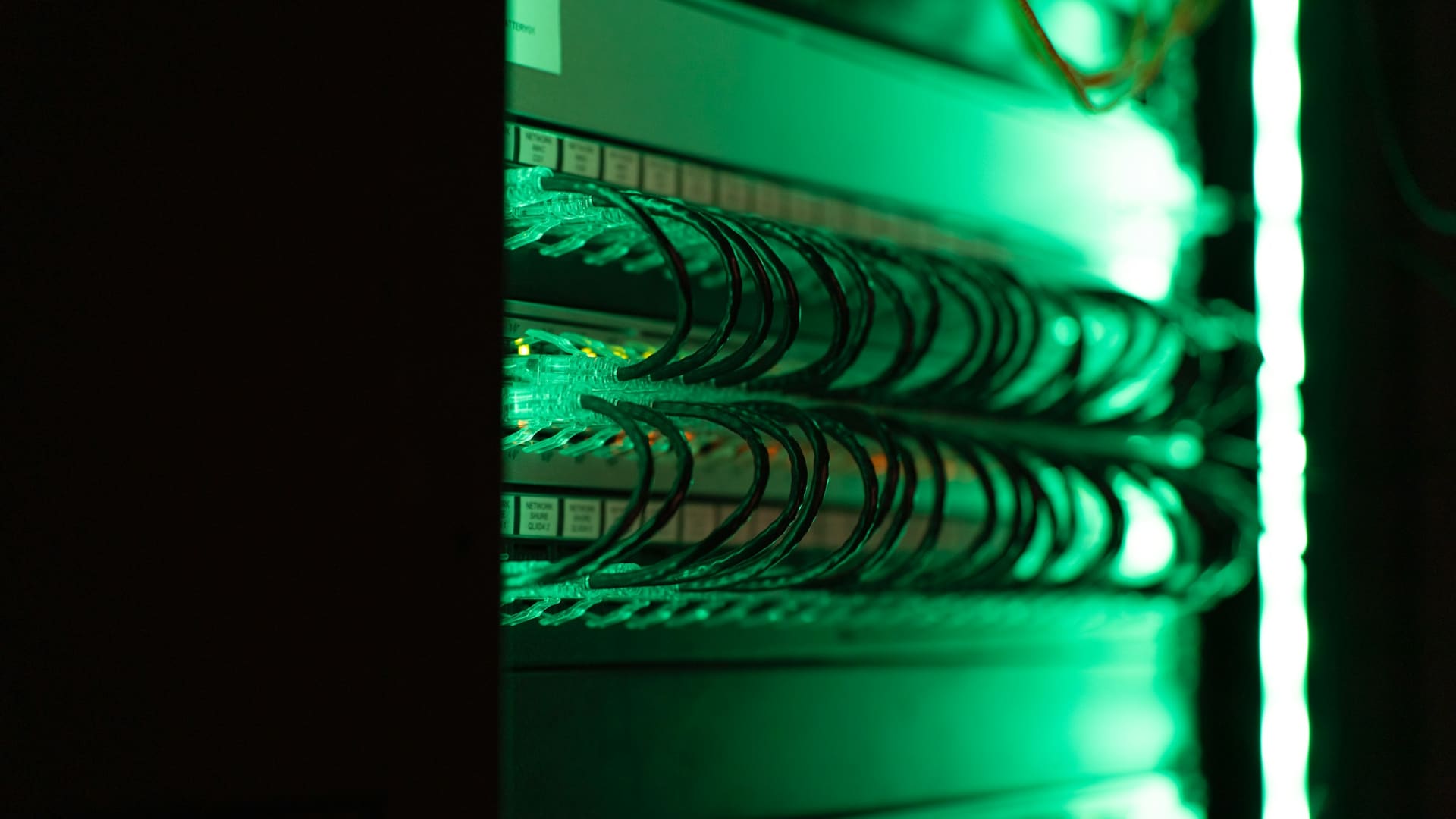 Close-up of server equipment racks in a secured data center server room