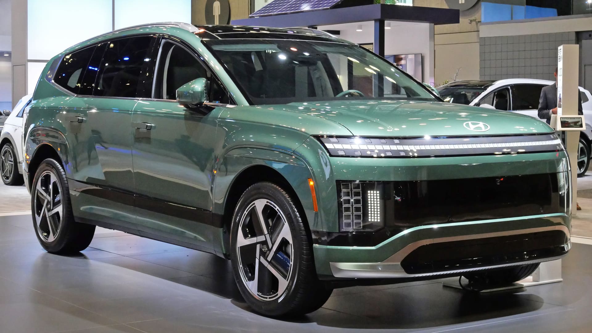 Front view of a 2026 Hyundai Ioniq 9 electric SUV on display at the 2025 New York International Auto Show