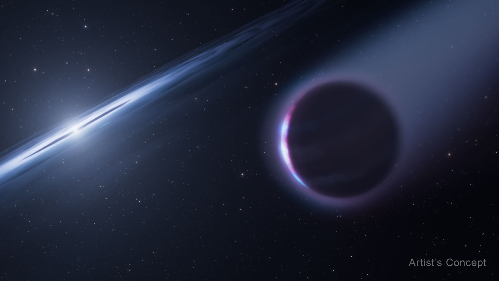 Artist's concept of a gas giant planet in silhouette orbiting a small white dwarf star ringed by a thin disk of debris