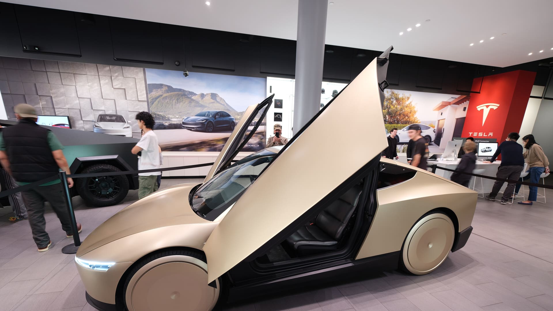 Tesla Cybercab at Santana Row shopping center, angled view