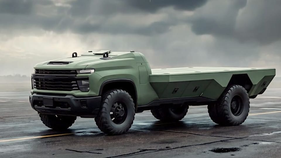 Army-green GM Defense UGV, a cab-less electric Silverado 3500 HD dually truck