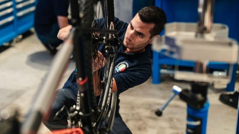 Bike mechanics at work in a workshop