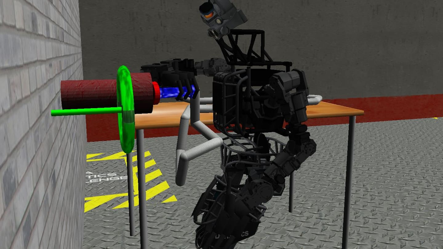 Simulated rendering of a Boston Dynamics Atlas humanoid robot connecting a hose to a pipe