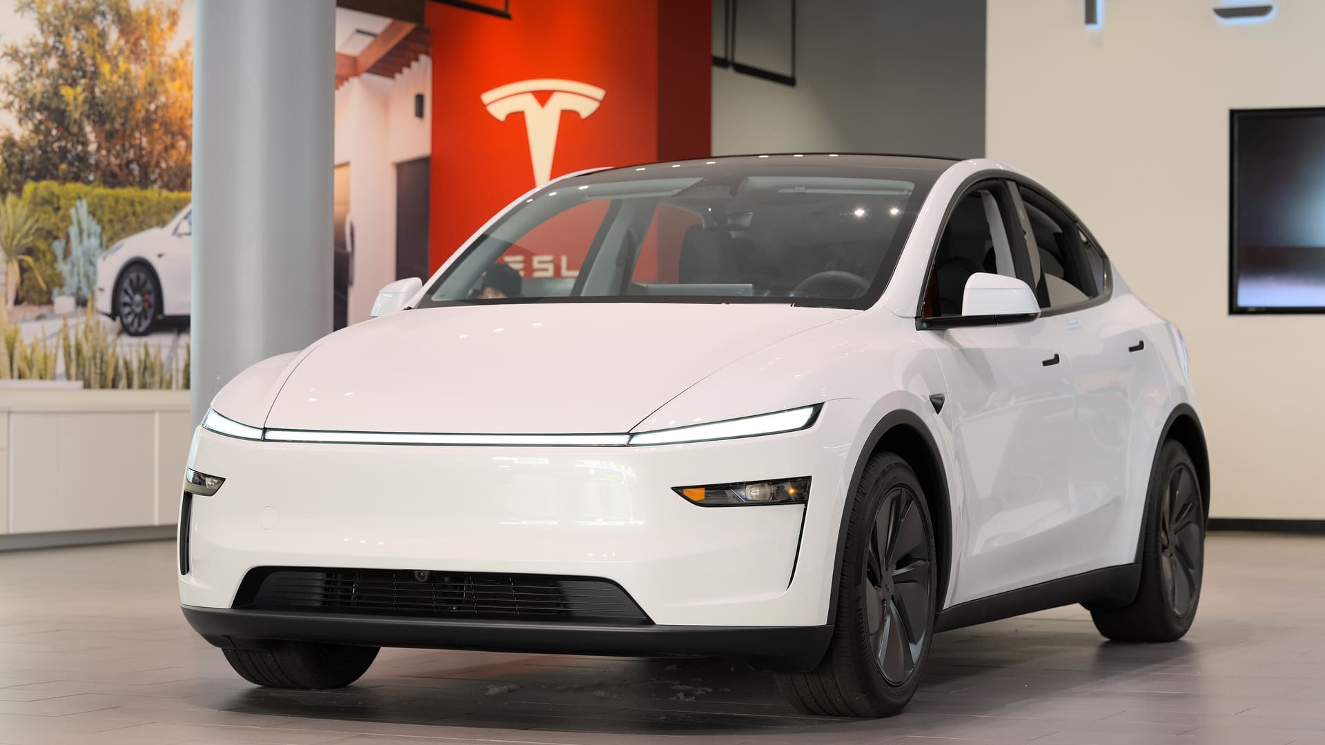 A refreshed 2025 Tesla Model Y parked at Santana Row shopping district in San Jose, California