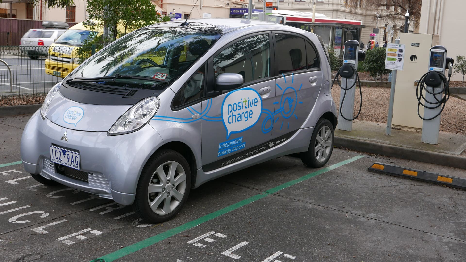 Mitsubishi i-MiEV electric car using a public ChargePoint charging station in Brunswick, Victoria, Australia.