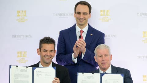 NASA Administrator Jared Isaacman and Energy Secretary Chris Wright hold the signed memorandum of understanding.