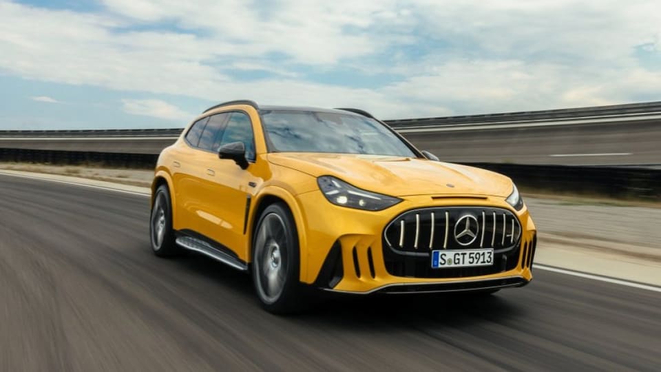 Yellow Mercedes-AMG electric GT SUV, front three-quarter view