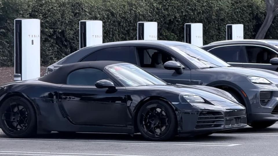 Camouflaged electric Porsche 718 Boxster prototype spotted during testing