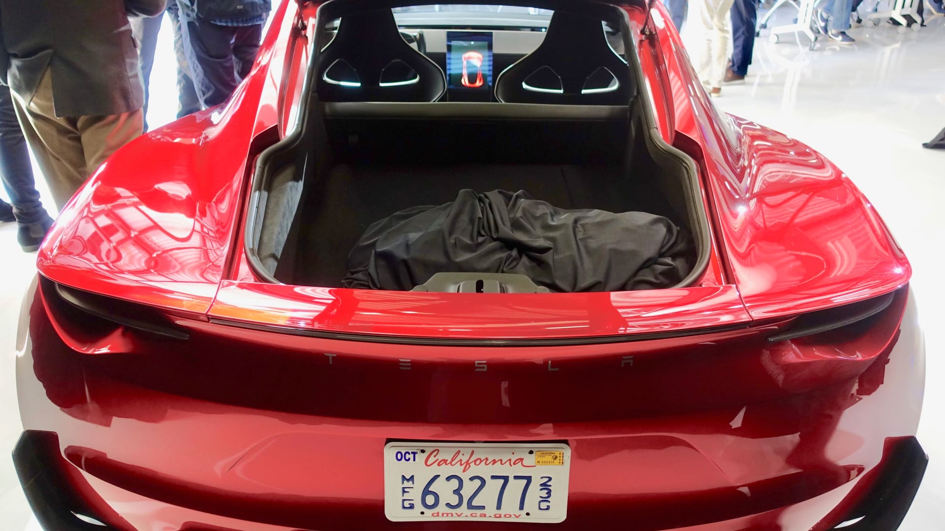 Rear view of a Tesla Roadster 2.0 sports car at Tesla headquarters
