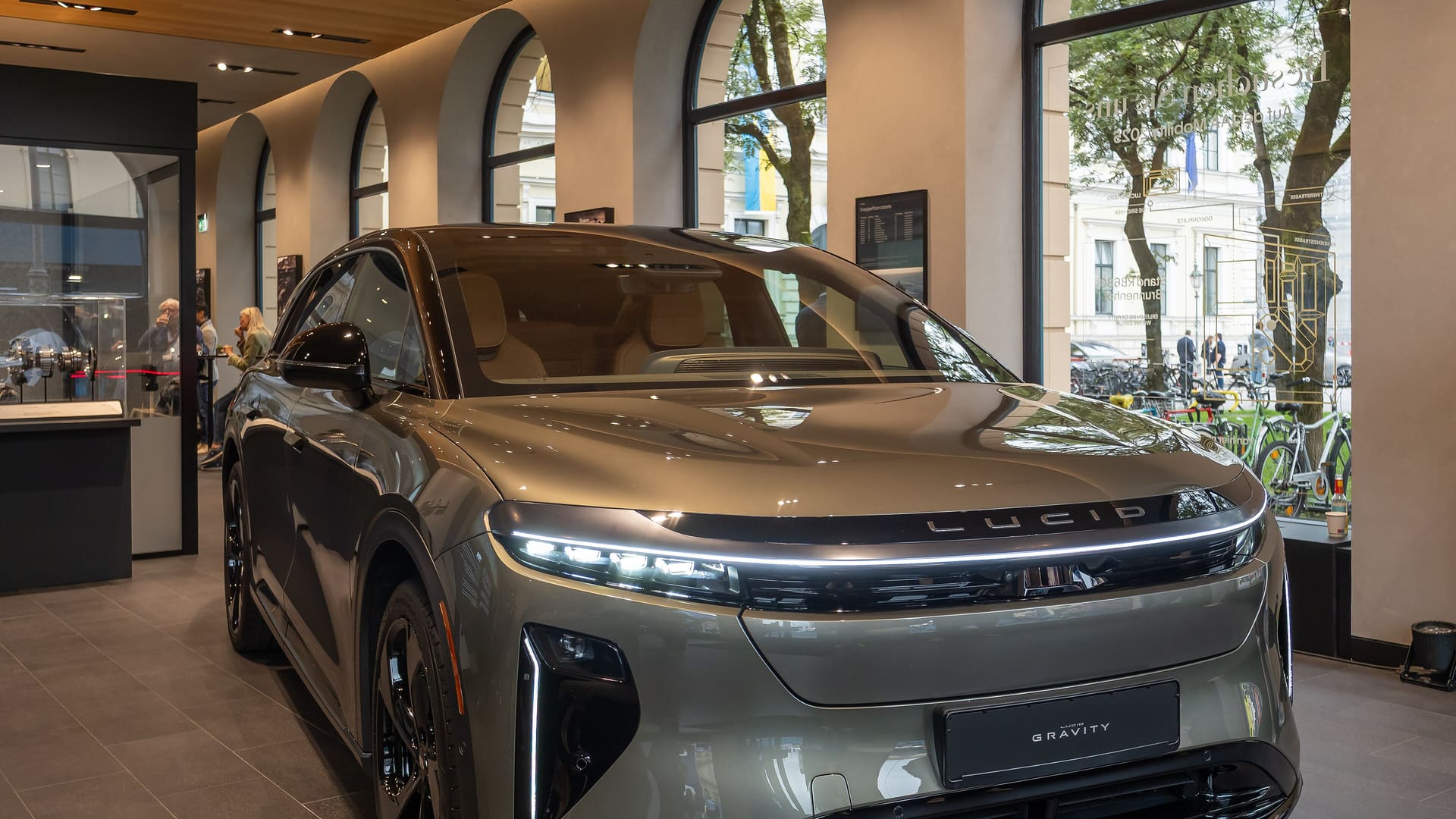 Aurora Green Lucid Gravity Grand Touring SUV on display at the Lucid Studio in Munich