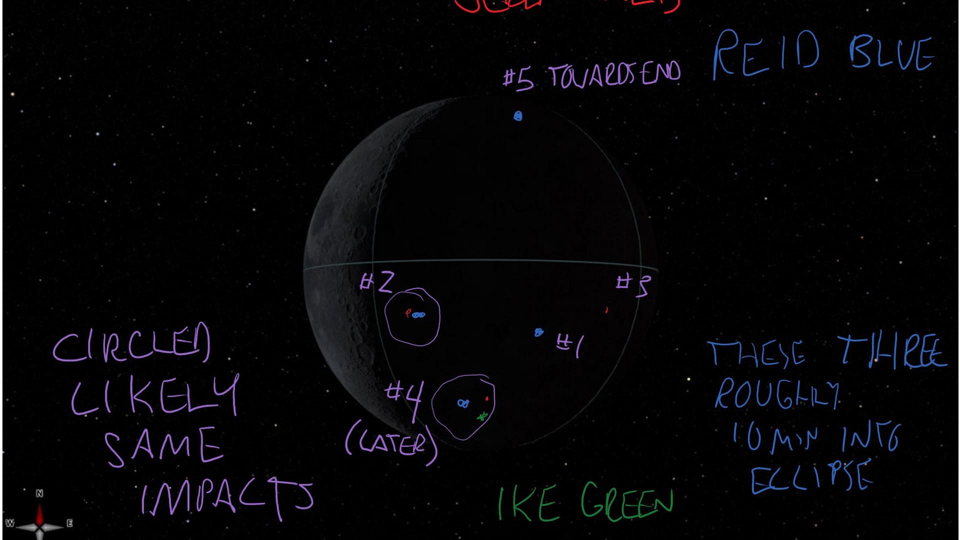 Simulated view of the dark, eclipsed Moon with Artemis II crew's handwritten impact flash notes