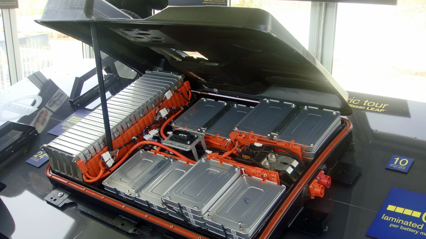 A Nissan Leaf lithium-ion battery pack, out of the car, on display at an electric vehicle event in Washington, DC