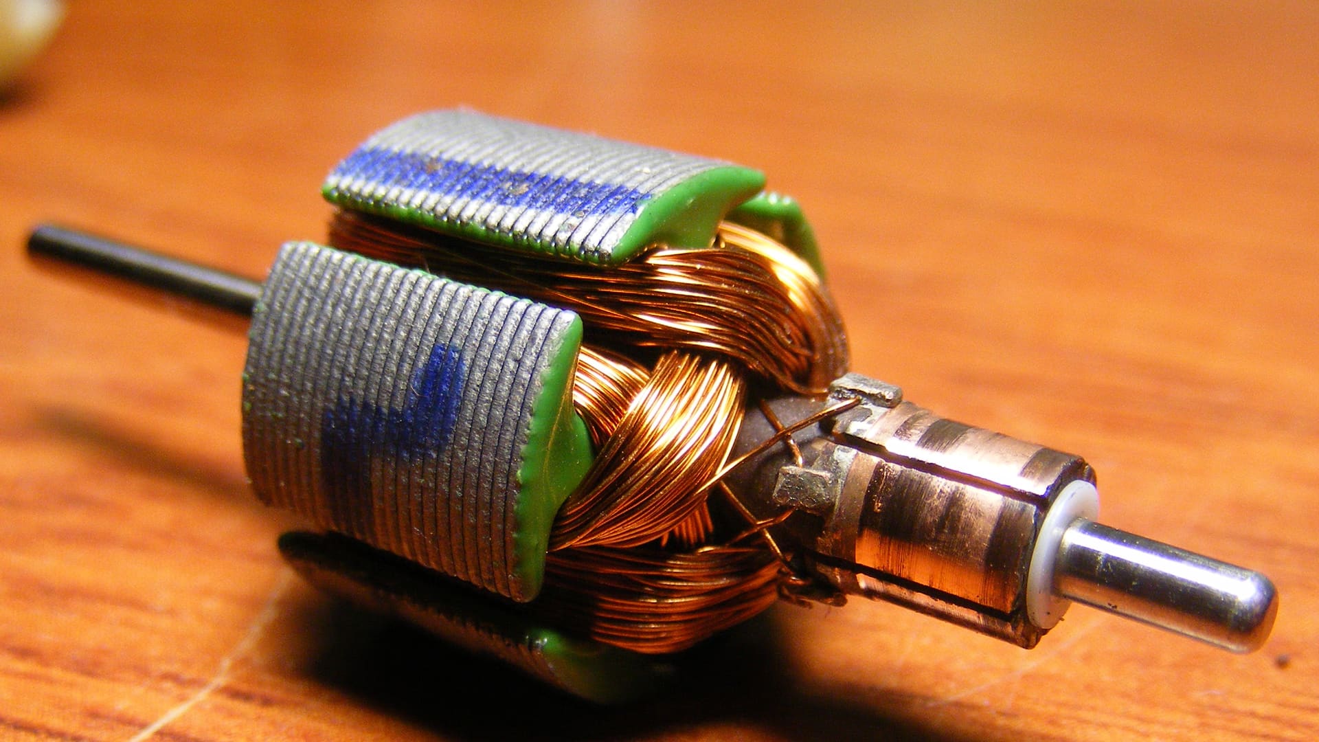 Disassembled rotor from a two-pole permanent magnet DC electric motor