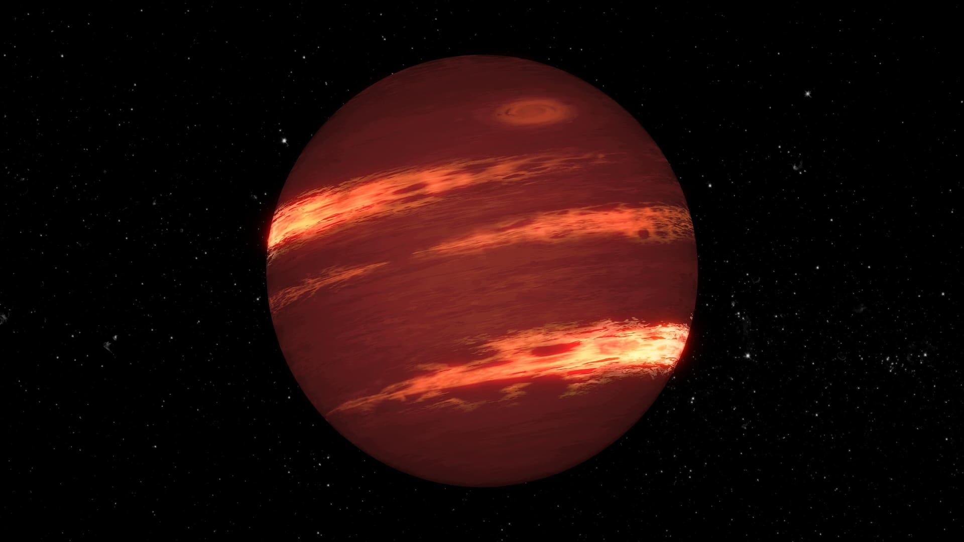 Artist’s illustration of a brown dwarf with bands of clouds.
