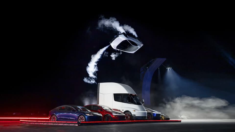 New Tesla Roadster prototype airborne during reveal, demonstrating SpaceX thruster-assisted flight capability