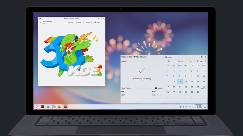Laptop with KDE Plasma windows showing October 14, 2026, and a 30th birthday logo