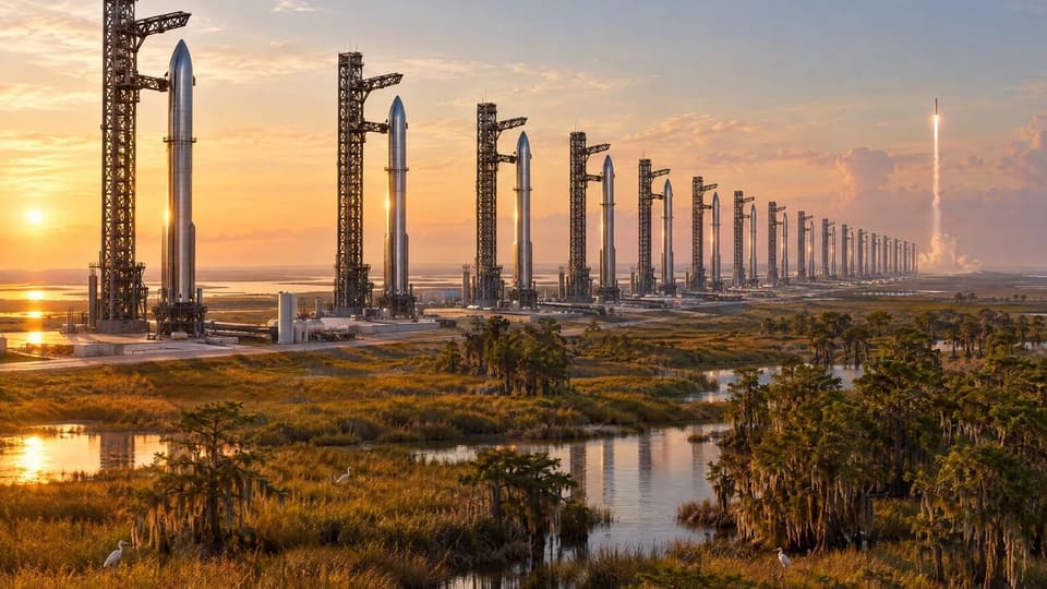 Starship on launch pad at Starbase Louisiana facility