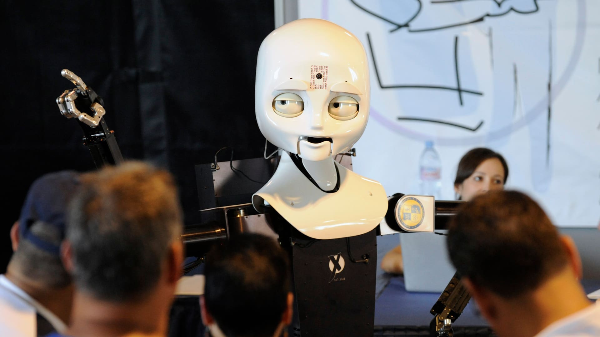 Visitors interact with mobile robot Octavia at Naval Research Lab exhibit during Fleet Week New York