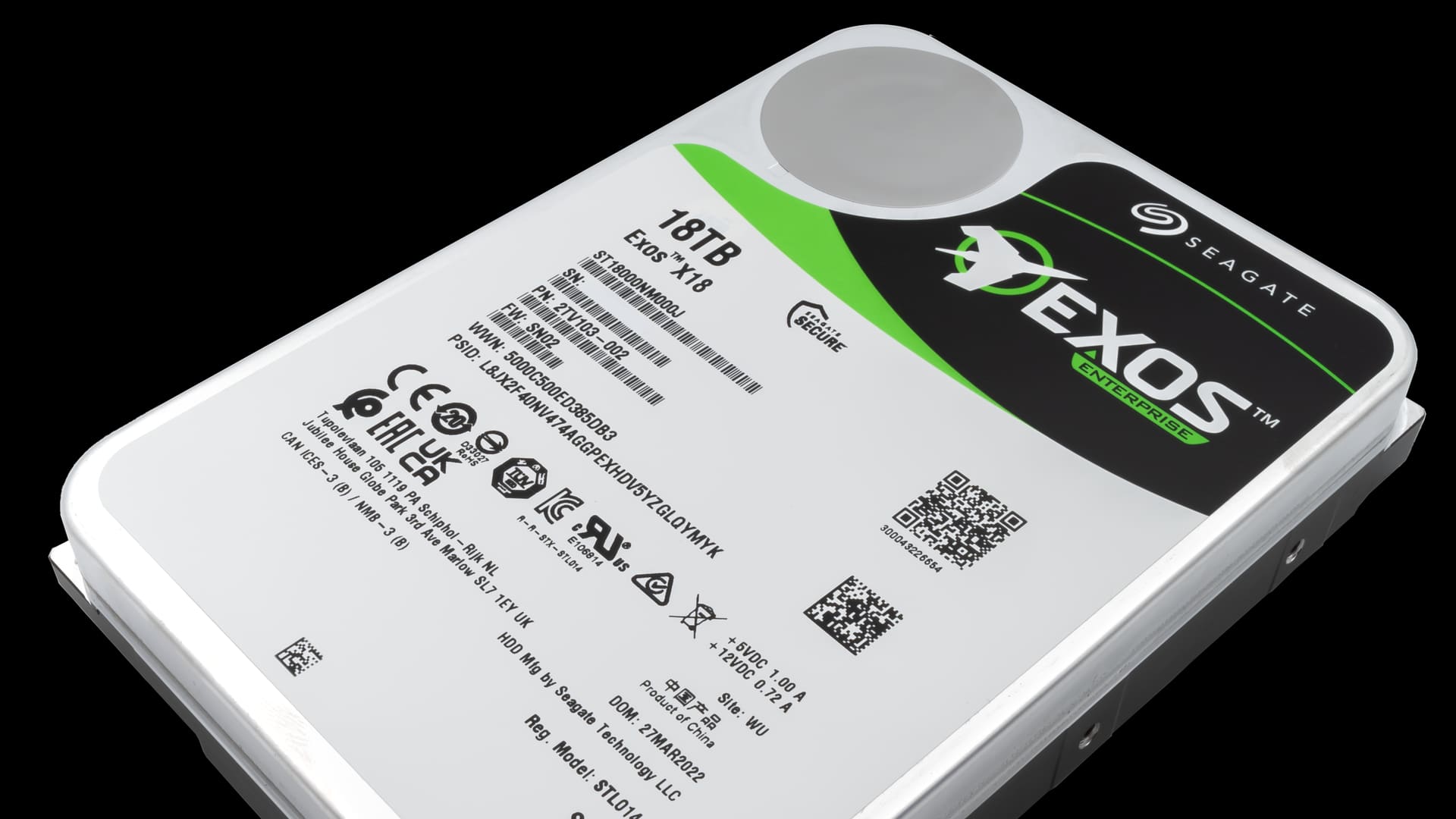 Oblique top view of a Seagate Exos X18 18TB high-capacity data center hard drive