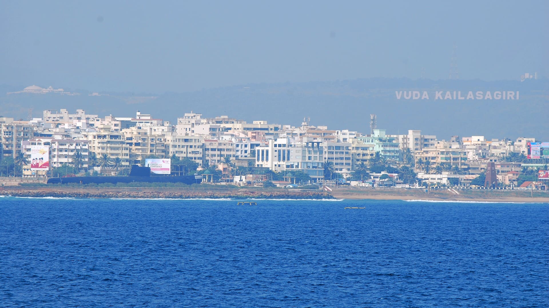 Visakhapatnam skyline from offshore showing Kailasagiri and Kursura submarine