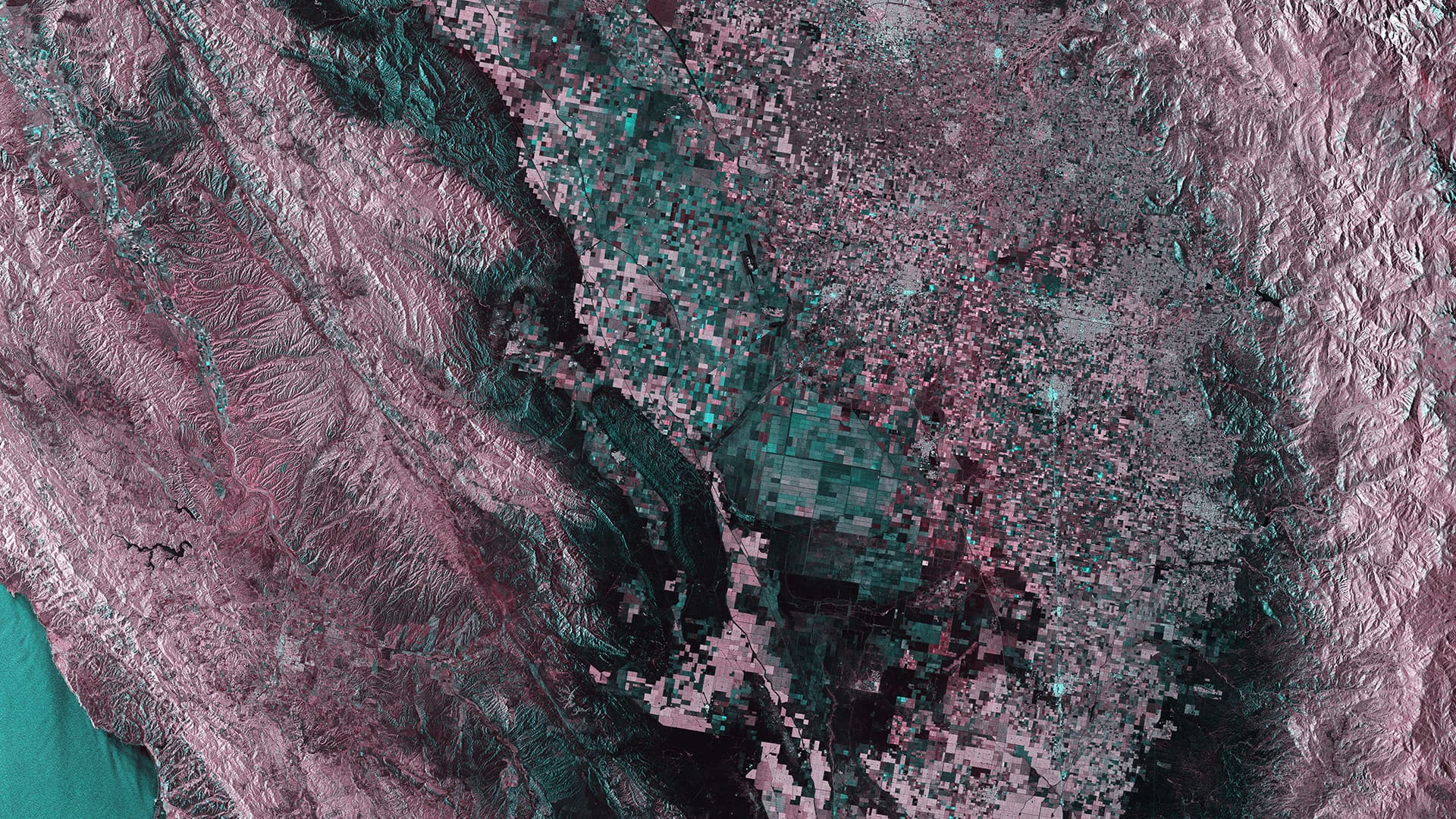 Satellite radar image of Central California showing terrain patterns and agricultural regions from Sentinel-1A