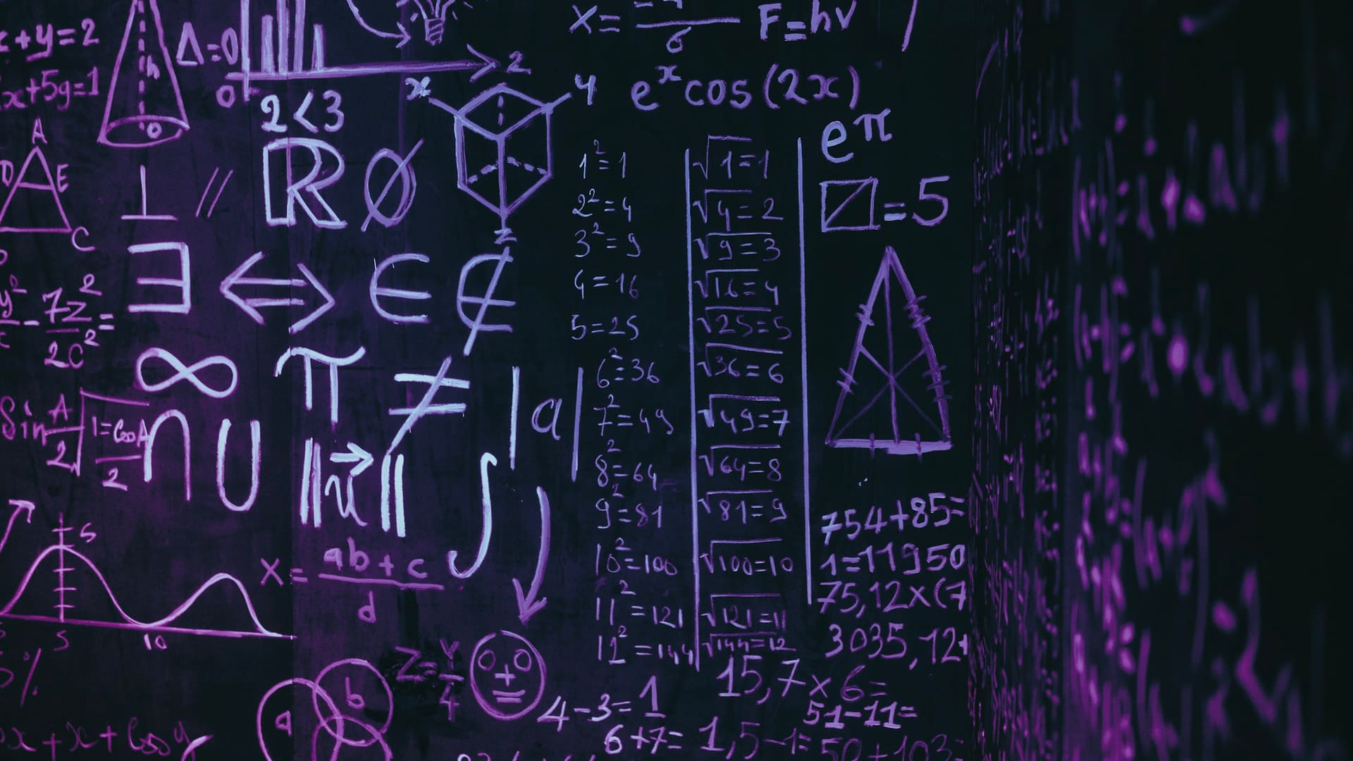 Blackboard covered in handwritten complex mathematical formulas and symbols